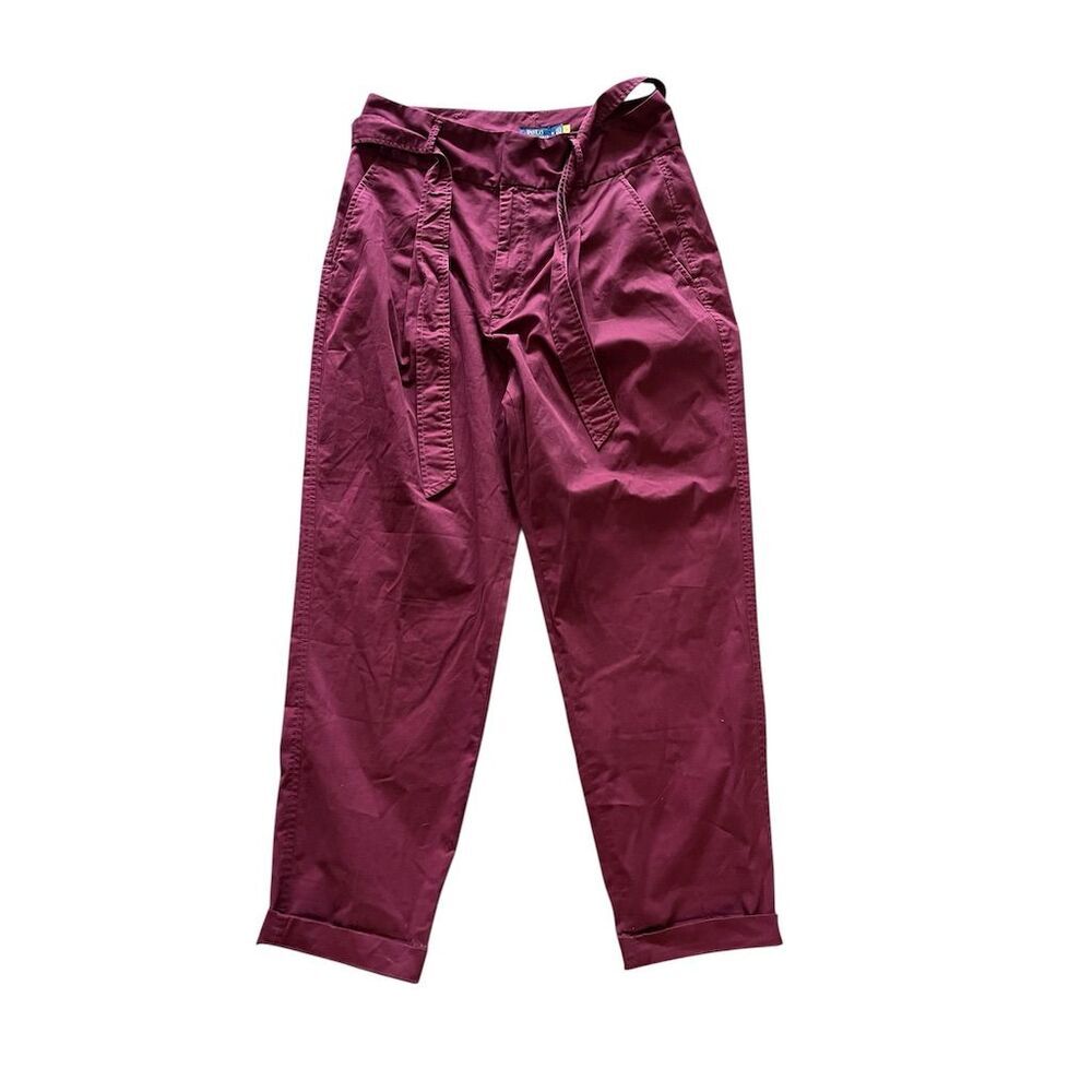 Ralph Lauren Women's Paperbag Belted Pants Burgundy Size 14 Casual